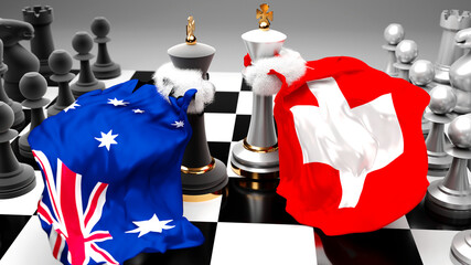 Fototapeta premium Australia Switzerland crisis, clash, conflict and debate between those two countries that aims at a trade deal or dominance symbolized by a chess game with national flags, 3d illustration