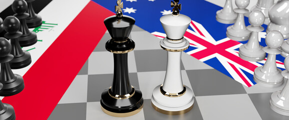 Iraq and Australia conflict, clash, crisis and debate between those two countries that aims at a trade deal and dominance symbolized by a chess game with national flags, 3d illustration