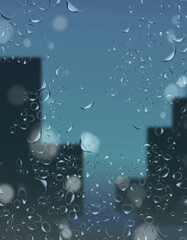 背景素材　雨粒がついた窓ガラス越しに見る都市
