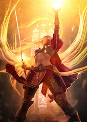 A beautiful knight girl in sexy plate armor stands firmly, calls light from heaven into her outstretched hand, she has long glowing blonde hair, a red cloak, and a magic sword. 3d rendering - obrazy, fototapety, plakaty