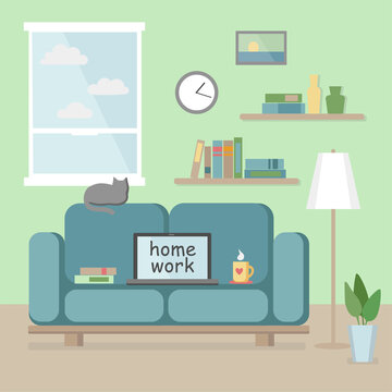 The concept of work from home. Cozy work place with sofa, lamp, plant, coffe, bookshelves, a picture, a clock, a window and a cat. Stay at home - work at home. Modern flat style  vector interior.