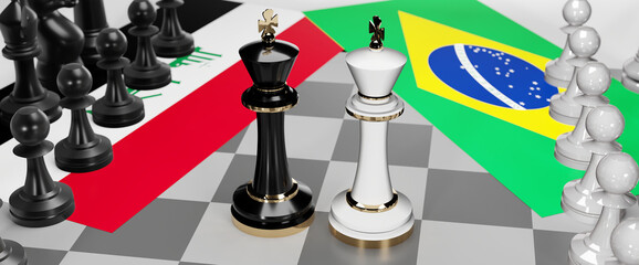 Iraq and Brazil conflict, clash, crisis and debate between those two countries that aims at a trade deal and dominance symbolized by a chess game with national flags, 3d illustration