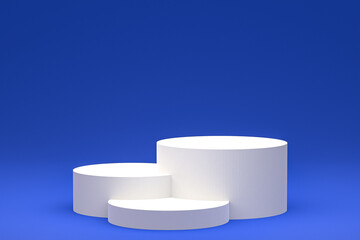 White minimal podium or pedestal display on abstract blue background for cosmetic product presentation