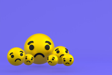 Naklejka premium Sad icon Facebook reactions emoji 3d render,social media balloon symbol on purple background