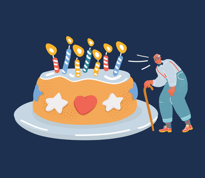 Colorful Illustration Of Old Man With A Giant Birthday Cake Over Dark Backround