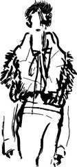 A beautiful model wearing a fur cape, long-sleeved top and pencil skirt with fashionable hairstyle, hand drawn sketch vector.