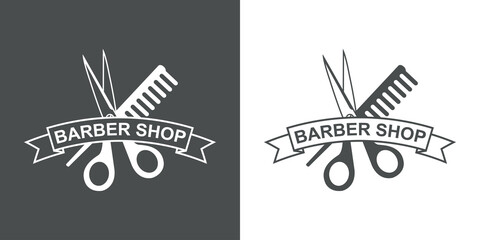 Banner con texto Barber Shop en cinta con silueta de tijera y peine en fondo gris y fondo blanco