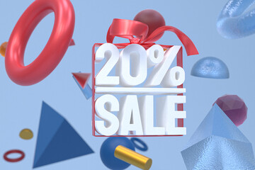 20% sale with bow and ribbon 3d design on abstract geometry background