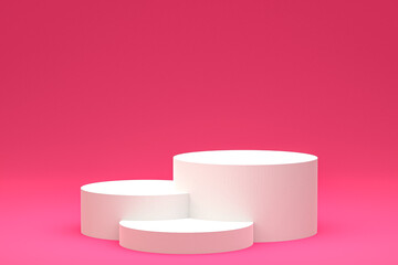 White minimal podium or pedestal display on abstract pink background for cosmetic product presentation