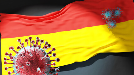 Covid in Wroclaw - coronavirus attacking a city flag of Wroclaw as a symbol of a fight and struggle with the virus pandemic in this city, 3d illustration