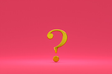 Gold question mark sign minimal on pink background, 3d render, minimal and copy space