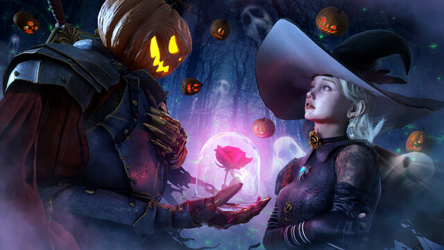 The sinister pumpkin knight makes a gift from the bottom of his heart to his beloved witch girl, she looks at him in fright, little holes fly around against the background of the forest. 3d rendering