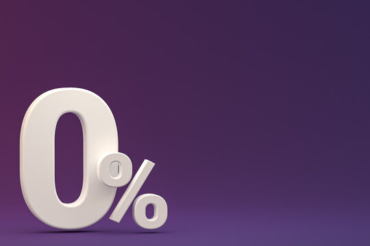 Zero percentage sign and sale discount on purple background with special offer rate. 3d rendering
