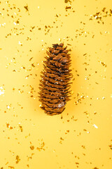 Fir-tree cone on a trendy yellow background with small gold sparkles. Flat style.