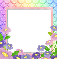 Blank banner on rainbow fish scales background with many flowers