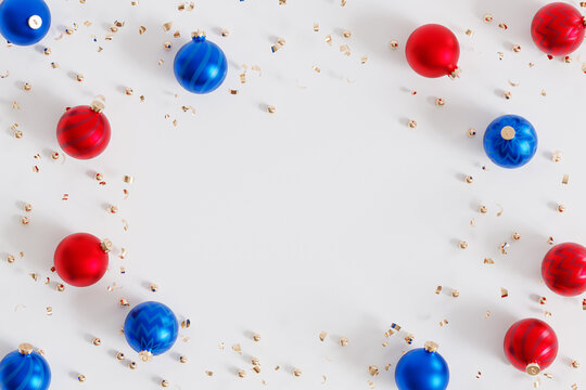 Christmas or New Year holidays background, red and blue baubles, 3d render