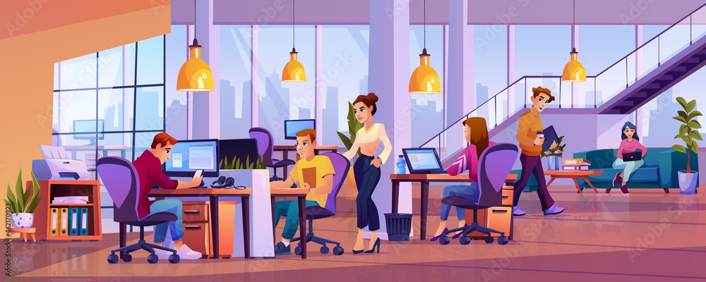 Aufkleber Co-workers in office open space, young people working on computers in co-working area. Vector cartoon male and female executive workers working at shared workspace, business center interior