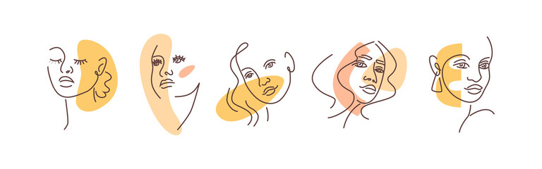 Woman faces doodles in abstract design, trendy set. Vector fashion women with hairstyle, beauty minimalistic print graphics design style. Beautiful lady head creative portraits, girls models avatars
