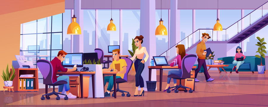Co-workers in office open space, young people working on computers in co-working area. Vector cartoon male and female executive workers working at shared workspace, business center interior