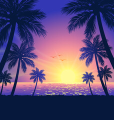 Fototapeta na wymiar warm tropical beach sunset with palm trees