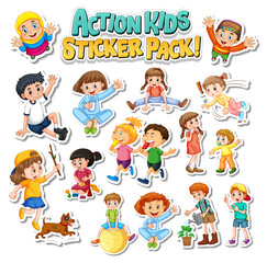 Set of stickers design with kids doing different activities