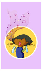 Doodle cartoon character of a singer woman singing with musical melody symbols