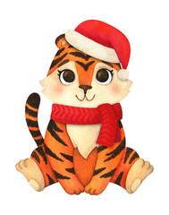 tiger is sitting in a Christmas scarf and hat. watercolor illustration. Cartoon animal is a symbol of the new year 2022. Tigress for postcards, children's decor. isolated on a white background.