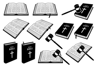 Christian Holy Bible Book of Judgement with judge gavel. Vector illustrations depict a set of Holy Bible books that open, close, showing cover, and with a judge hammer or gavel. - obrazy, fototapety, plakaty