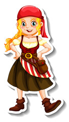 Sticker template with a pirate girl cartoon character isolated