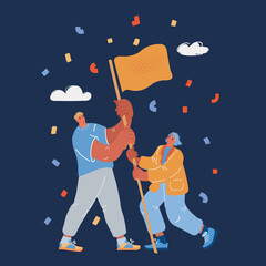 Vector illustration of teamwork, goal achievement, flag as a symbol of success. Man and woman celebrate over dark backround.