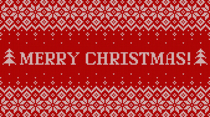 Merry Christmas! Horizontal greeting card with traditional scandinavian pattern. Knitted sweater banner. Vector illustration.