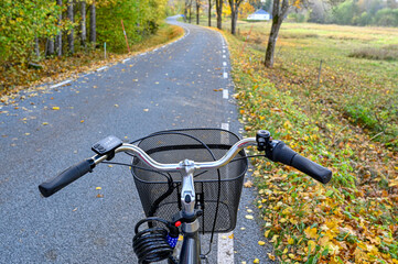Fototapeta na wymiar bicycle with basket ion road in autumn landscape
