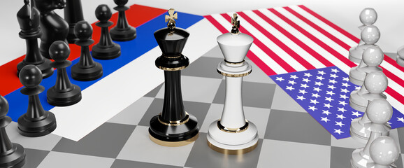 Russia and USA conflict, clash, crisis and debate between those two countries that aims at a trade deal and dominance symbolized by a chess game with national flags, 3d illustration