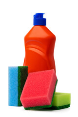 Bottles with cleaning products and sponge on a white isolated background