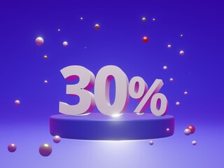 The podium shows up to 5% off discount concept banners, promotional sales, and super shopping offer banners. 3D rendering.