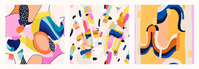 Hand drawn cute colorful trendy pattern set. Dynamic abstract doodle shapes. Fashionable template for design. Modern cartoon style.
