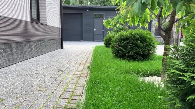 home garden landscape with stone path and green lawn