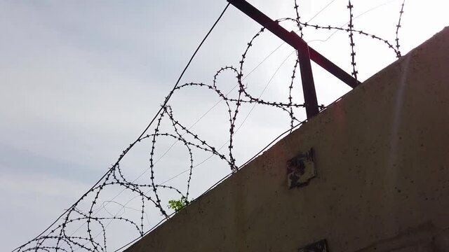 Steel barbed wire on the fence in the prison.