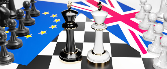 EU Europe and UK England conflict, clash, crisis and debate between those two countries that aims at a trade deal and dominance symbolized by a chess game with national flags, 3d illustration