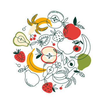 recommend clip art: Round composition with different fruits and berries in flat style. Vector illustration with organic plant foods