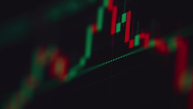 Stock exchange bar chart. Close up of decrease and increase bitcoin graph on screen. Cryptocurrency candlestick graph data. Analysing price change cryptocurrency. Economic and business concept.