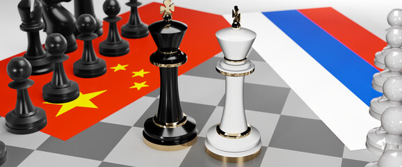 China and Russia conflict, clash, crisis and debate between those two countries that aims at a trade deal and dominance symbolized by a chess game with national flags, 3d illustration