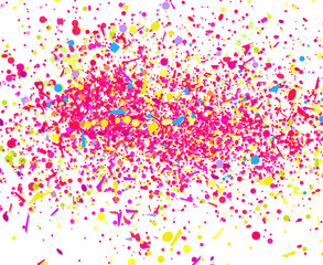 Colored confetti on white. Intricate pattern for design. Background with glitters. Print for polygraphy, posters, banners and textiles. Greeting cards. Festive backdrop