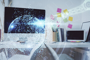 Double exposure of data theme drawing and office interior background. Concept of technology.