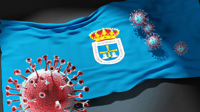 Covid in Oviedo - coronavirus attacking a city flag of Oviedo as a symbol of a fight and struggle with the virus pandemic in this city, 3d illustration