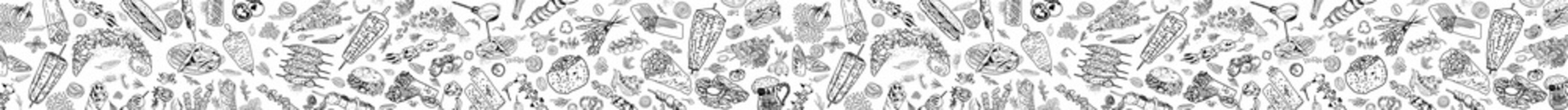 Shawarma cooking and ingredients for kebab. Doner kebab hand drawn. Middle eastern food. Fast food menu design elements. Restaurant cafe menu, template design. Food flyer. Vector.