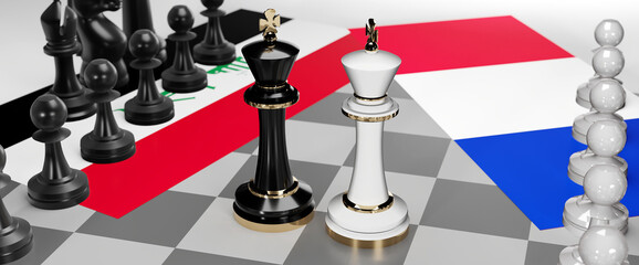 Iraq and France conflict, clash, crisis and debate between those two countries that aims at a trade deal and dominance symbolized by a chess game with national flags, 3d illustration
