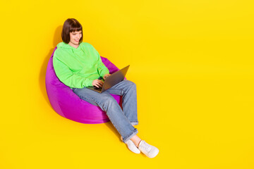 Fototapeta na wymiar Portrait of attractive cheerful girl sitting in chair using laptop working remotely isolated over bright yellow color background
