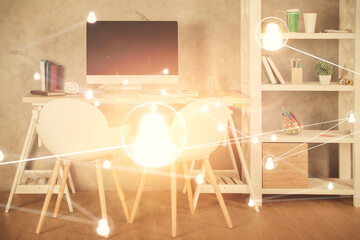 Double exposure of social network theme drawing and office interior background. Concept of web.