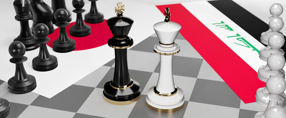 Japan and Iraq conflict, clash, crisis and debate between those two countries that aims at a trade deal and dominance symbolized by a chess game with national flags, 3d illustration